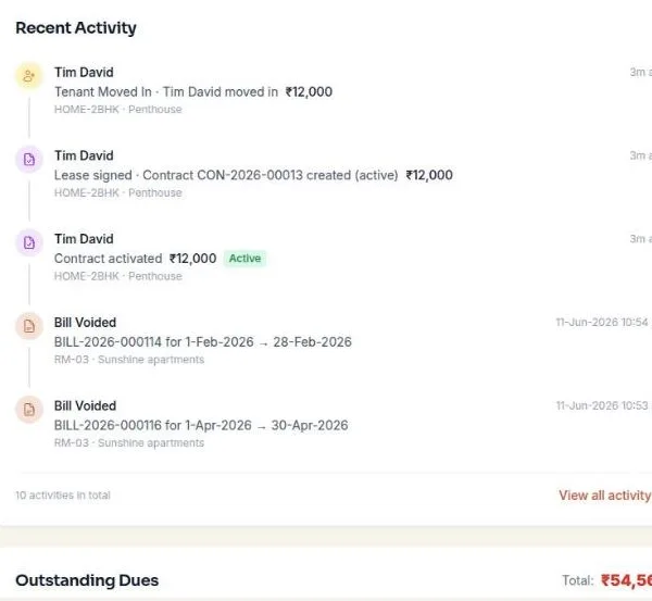 Recent activity feed of new contracts and rent bills