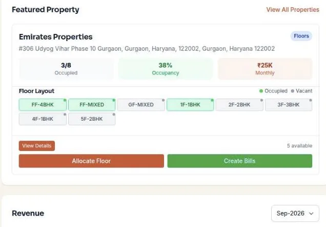 A property card showing occupancy and a floor layout of occupied and vacant units