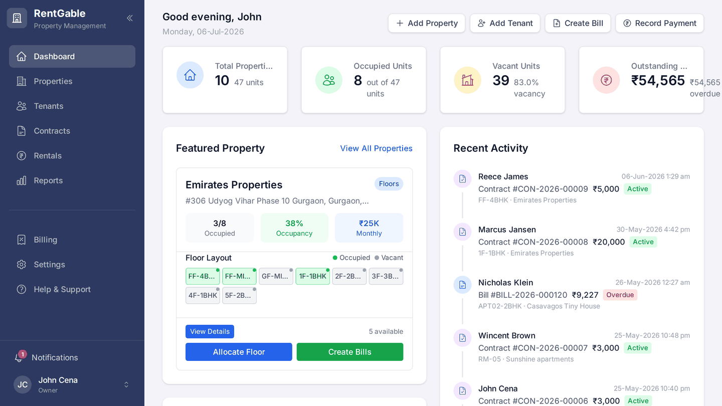 The RentGable dashboard showing portfolio KPIs, a featured property with its floor layout, and a recent-activity feed