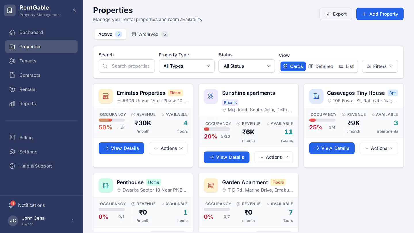The RentGable properties list showing occupancy and monthly revenue per property