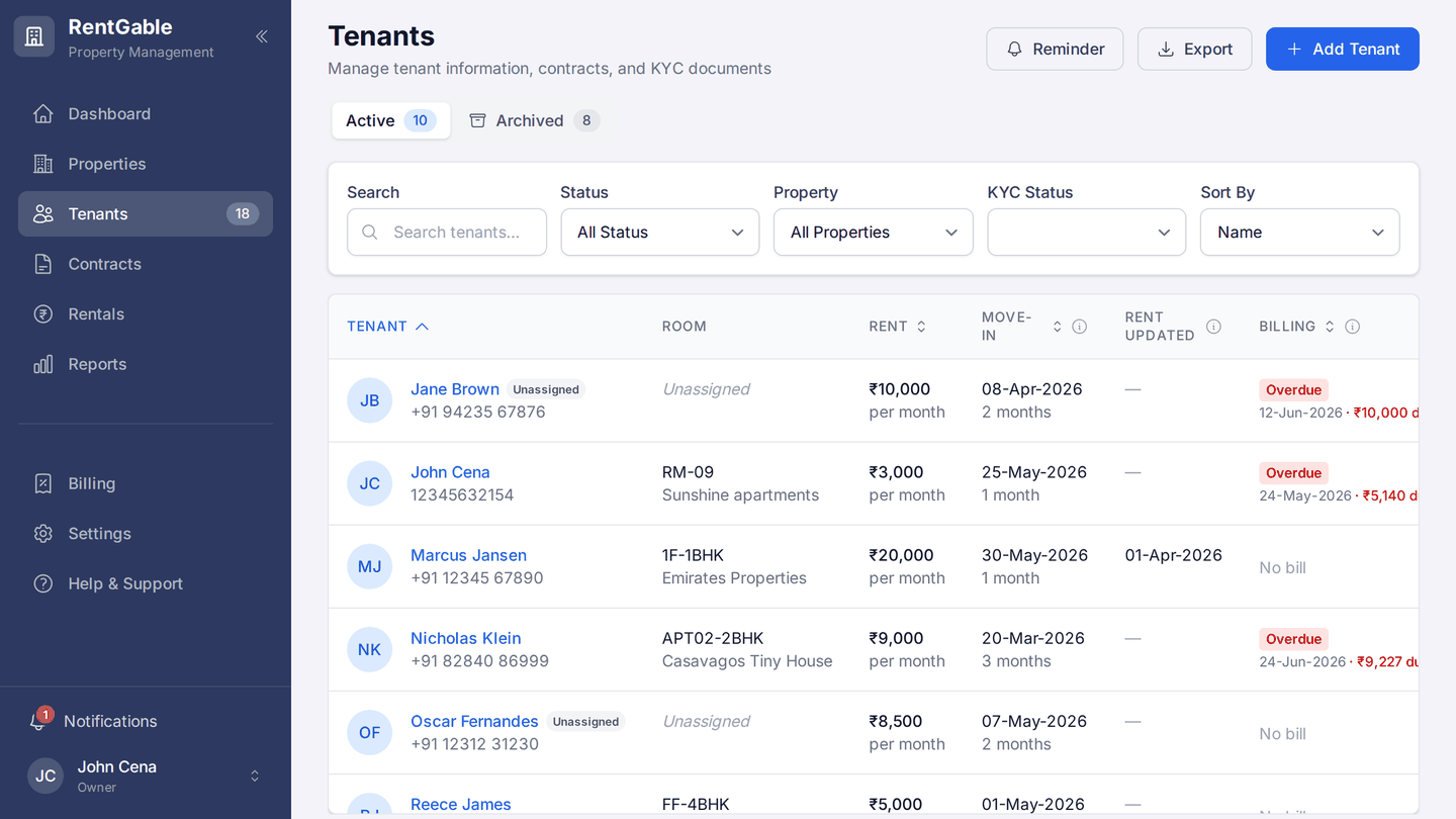 The RentGable tenants view: team roles, per-property access and the tenant portal